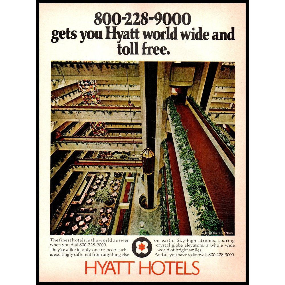 1974 Hyatt Hotels Atrium Vintage Print Ad Business Travel Vacation Wall Art
